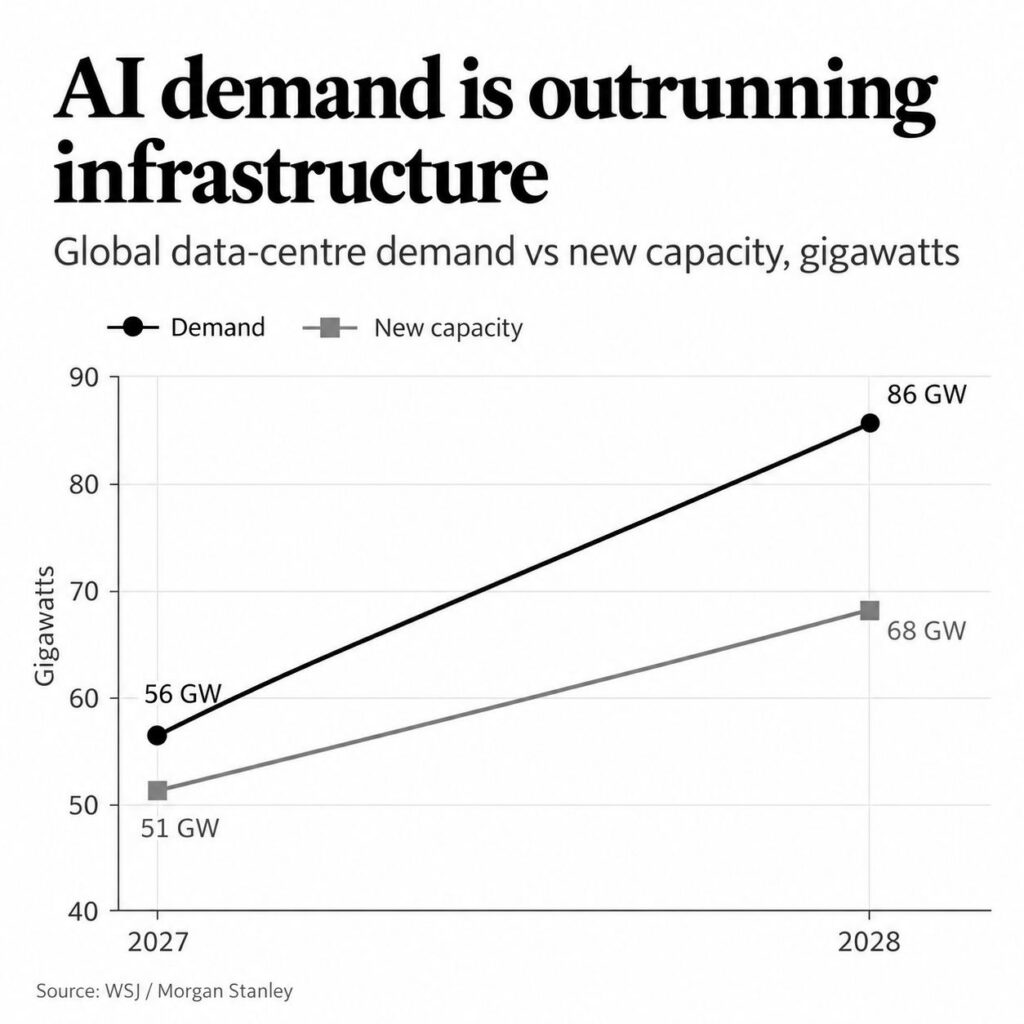 Projected global data-center demand versus new capacity: 56 versus 51 GW in 2027, and 86 versus 68 GW in 2028.